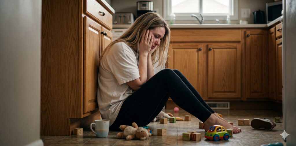 疲れ果てた美しい母親の姿 