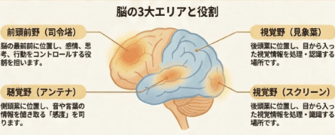 前頭前野（司令塔）、聴覚野（アンテナ）、視覚野（スクリーン）の役割と位置