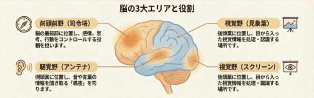 前頭前野（司令塔）、聴覚野（アンテナ）、視覚野（スクリーン）の役割と位置